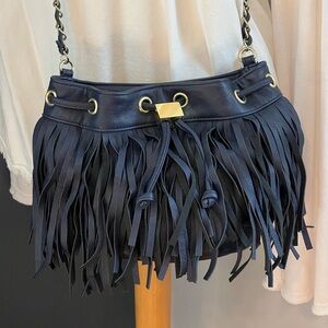 NWOT Olivia + Joy Navy Blue Fringe Crossbody Bag Gold Chain Drawstring Bucket